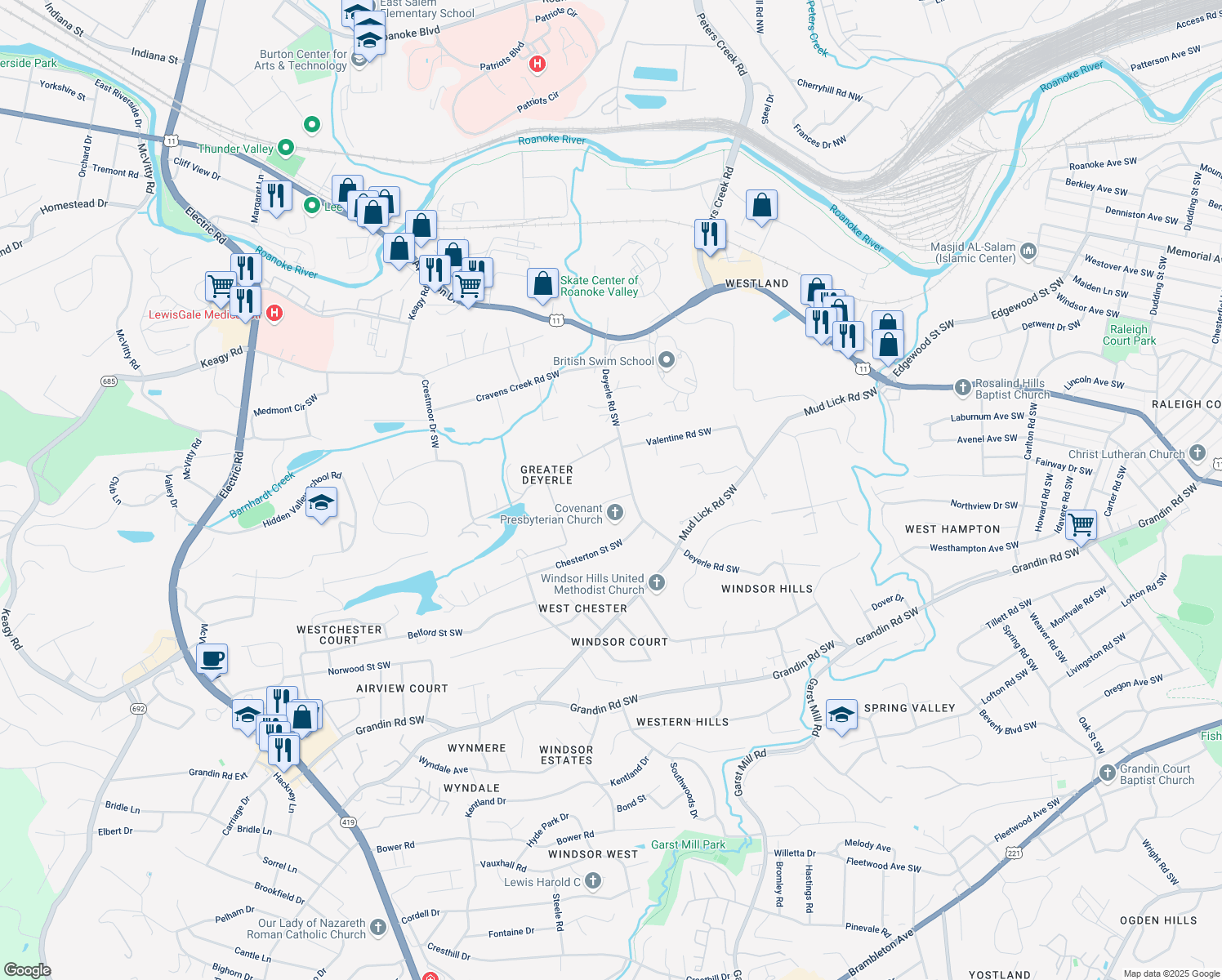 map of restaurants, bars, coffee shops, grocery stores, and more near 3717 Renfield Rd SW in Roanoke