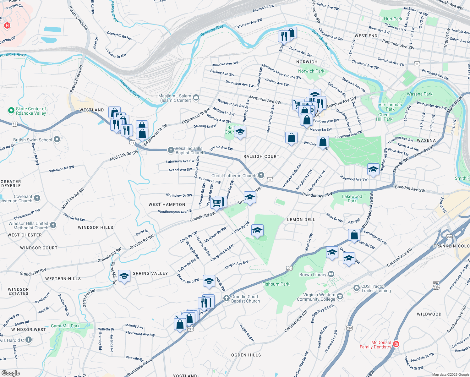 map of restaurants, bars, coffee shops, grocery stores, and more near 2106 Avenel Ave SW in Roanoke