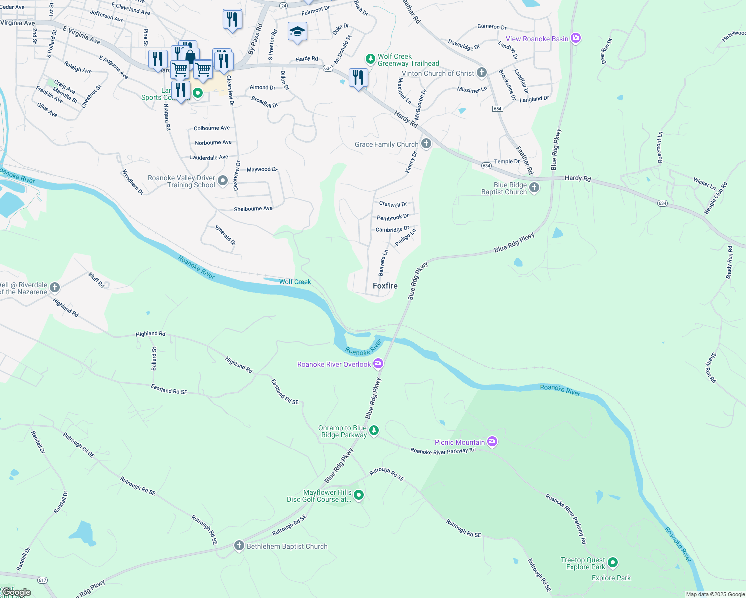 map of restaurants, bars, coffee shops, grocery stores, and more near 1931 Elizabeth Drive in Vinton