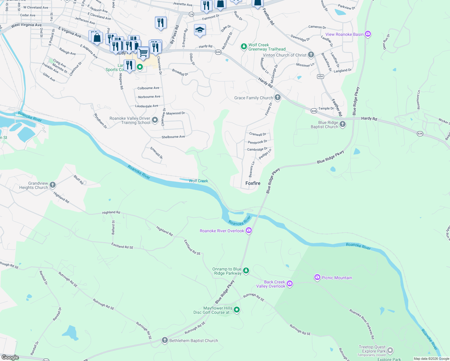 map of restaurants, bars, coffee shops, grocery stores, and more near 1810 Charlestown Square in Vinton