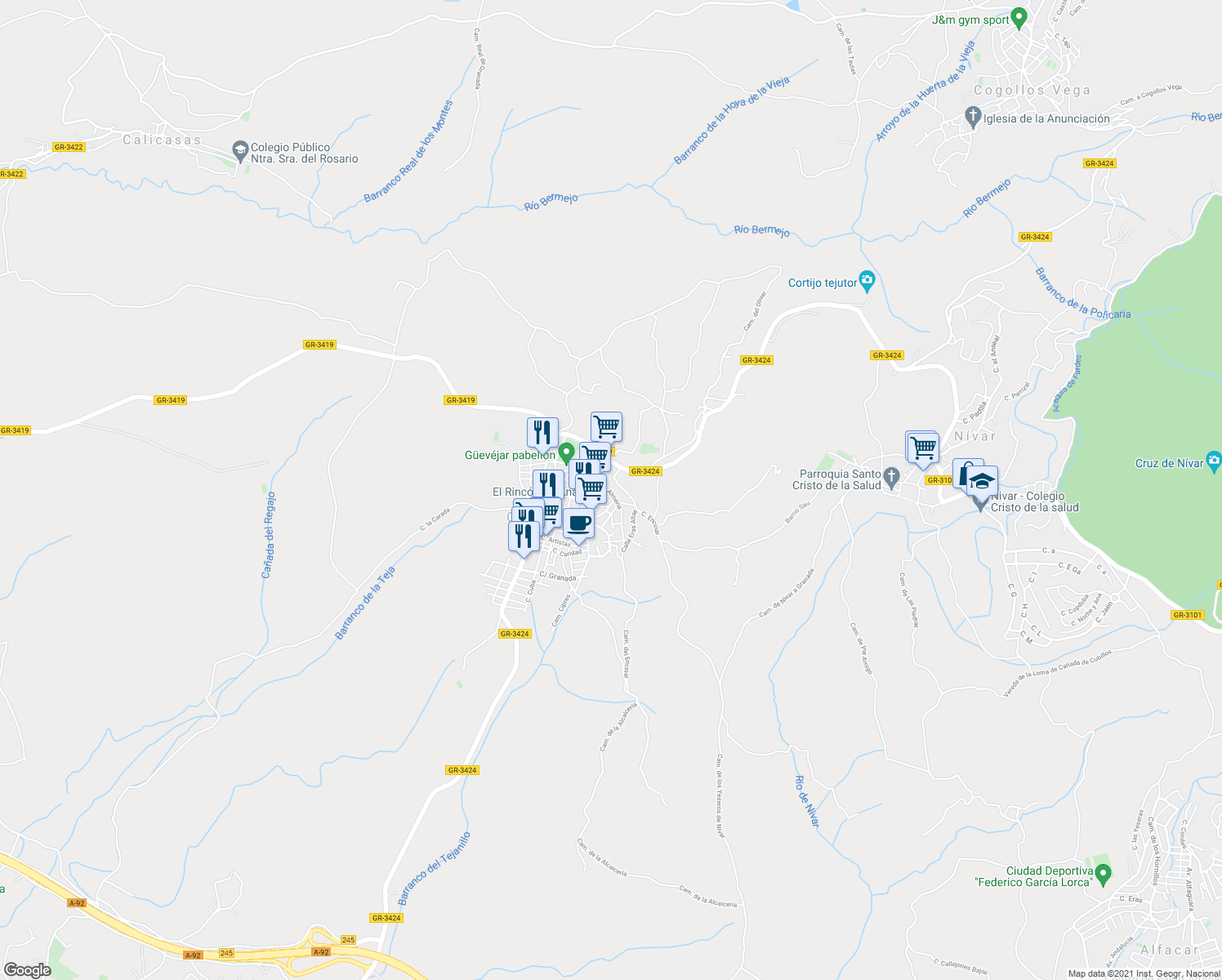 map of restaurants, bars, coffee shops, grocery stores, and more near 18 Calle Almeria in Güevéjar