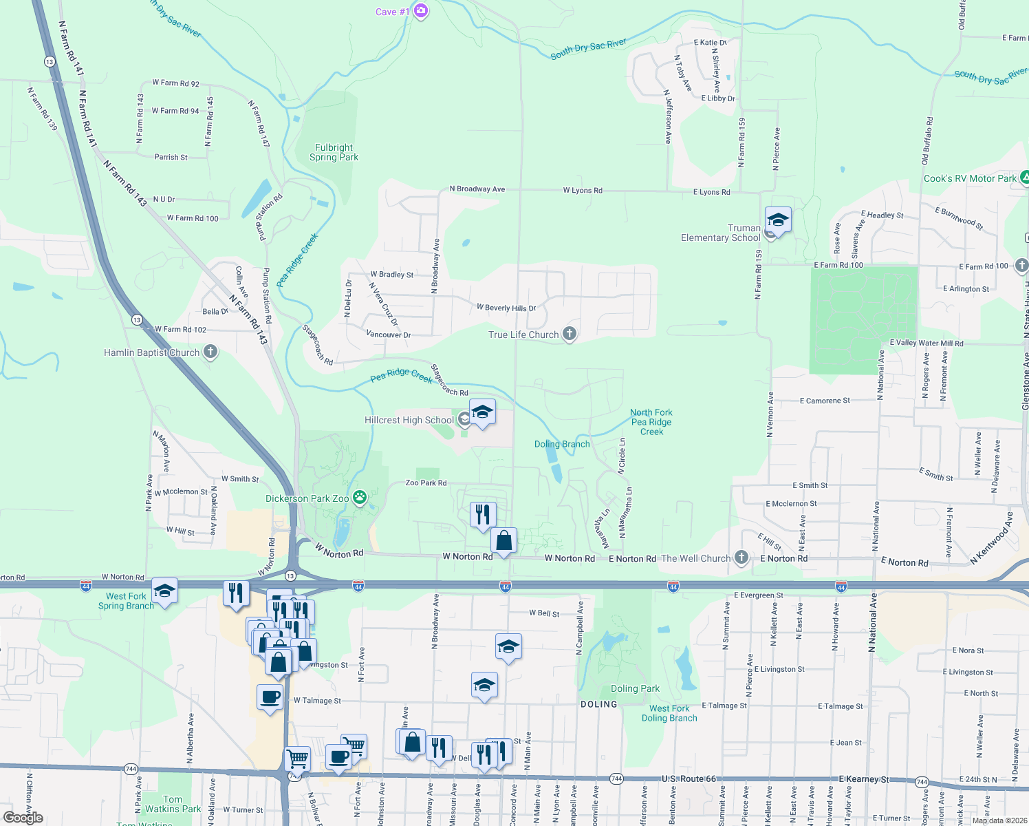 map of restaurants, bars, coffee shops, grocery stores, and more near 3399 North Farm Road 151 in Springfield