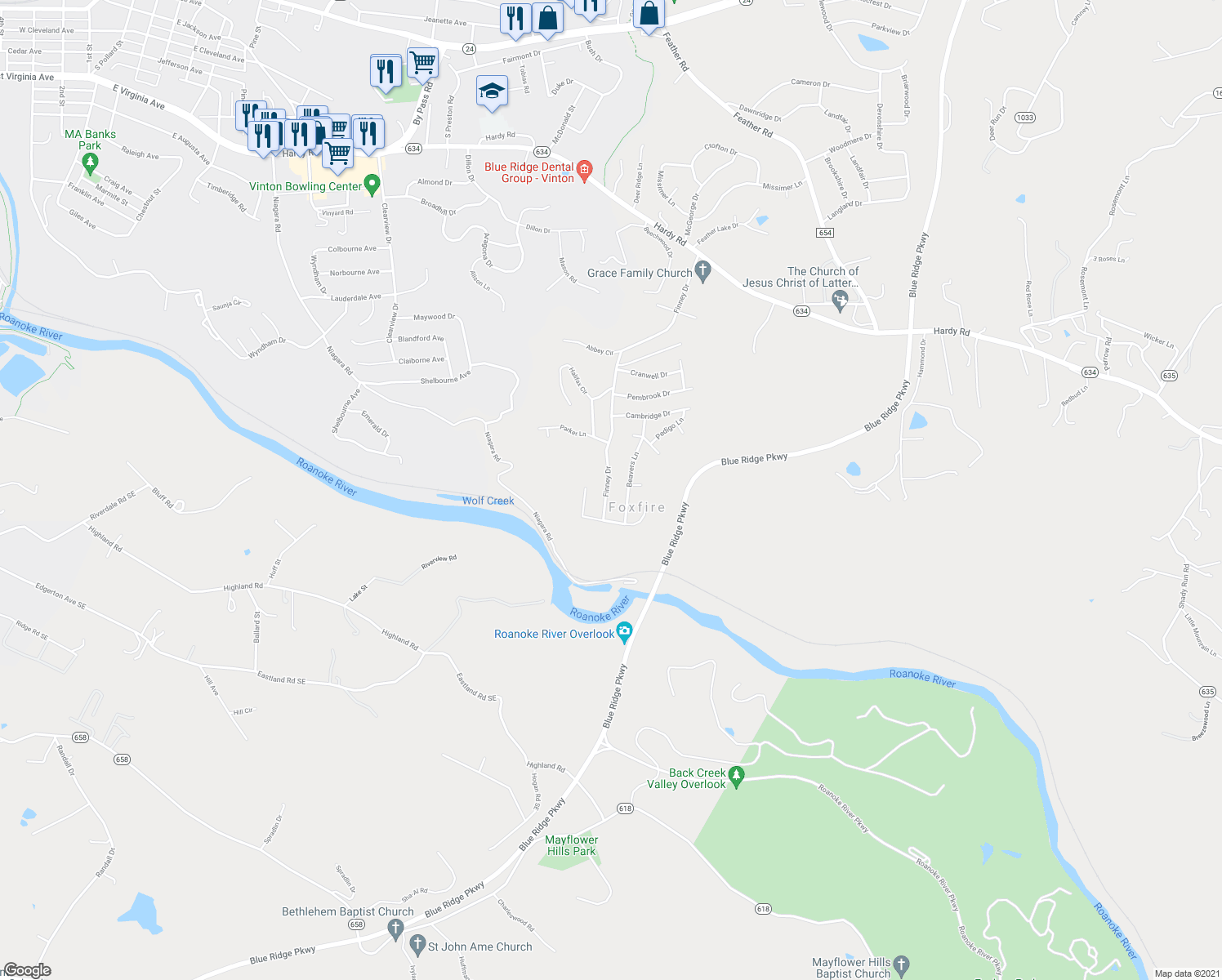 map of restaurants, bars, coffee shops, grocery stores, and more near 1131 Finney Drive in Vinton