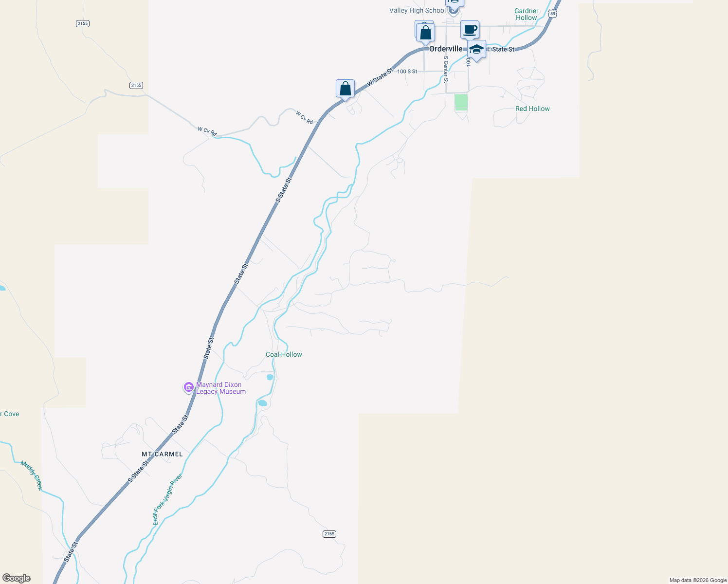 map of restaurants, bars, coffee shops, grocery stores, and more near 385 West White Cliffs Drive in Orderville