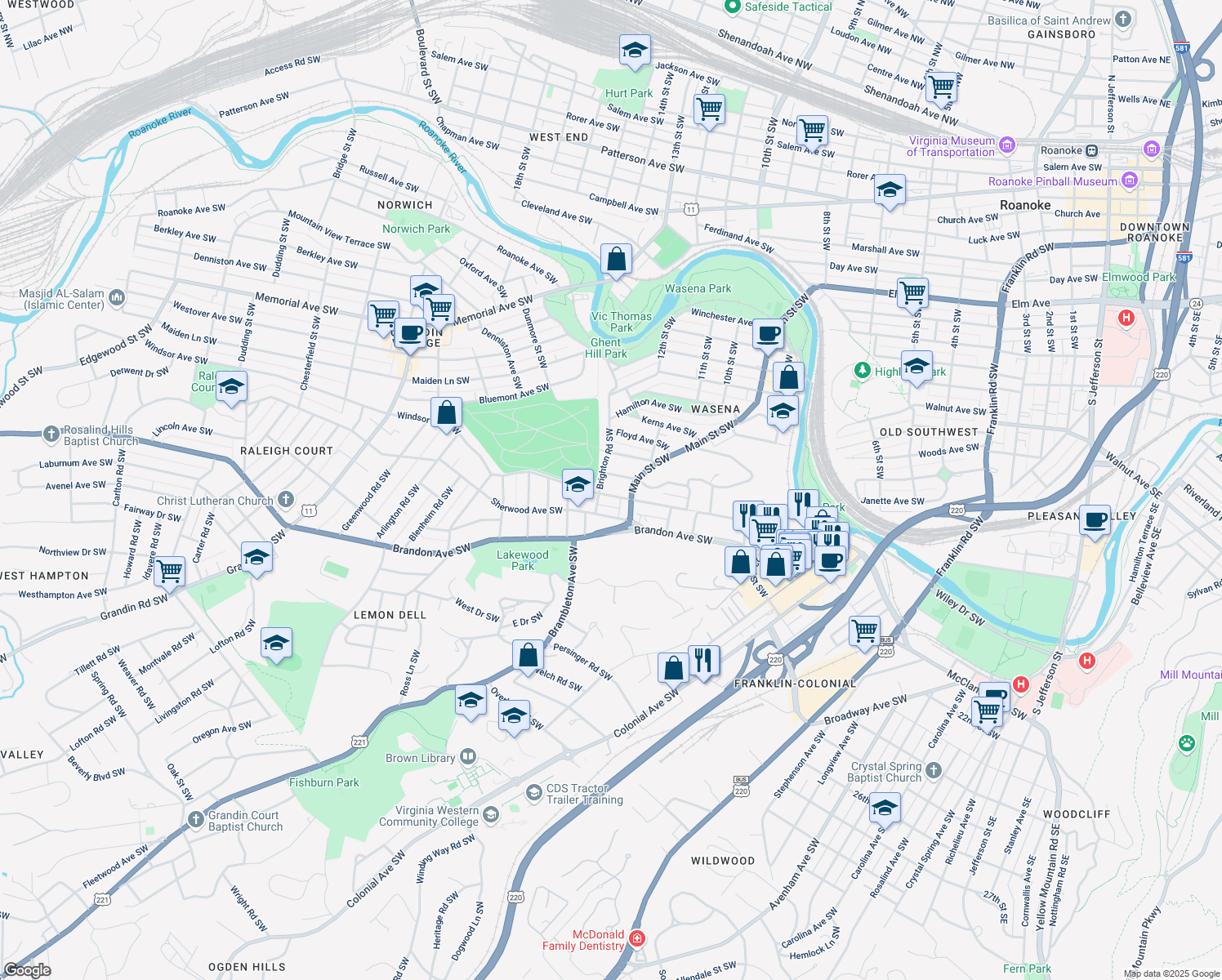 map of restaurants, bars, coffee shops, grocery stores, and more near 1023 Windsor Avenue Southwest in Roanoke