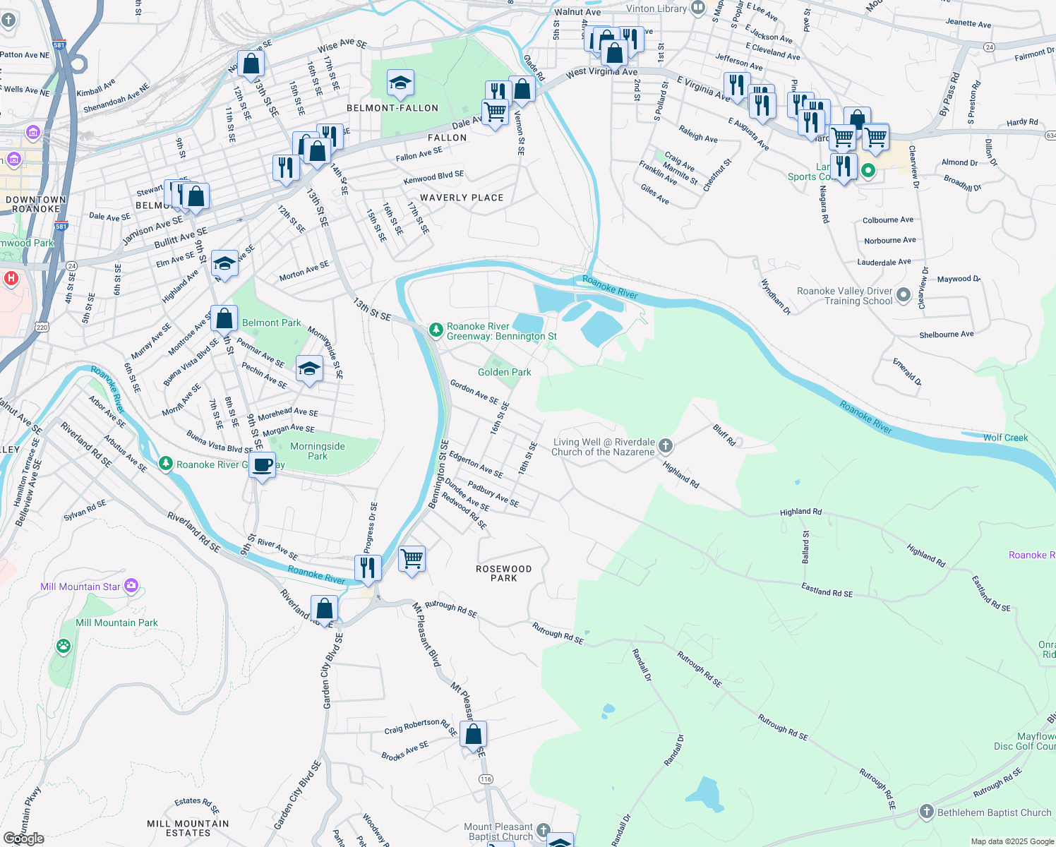 map of restaurants, bars, coffee shops, grocery stores, and more near 1709 Gordon Avenue Southeast in Roanoke