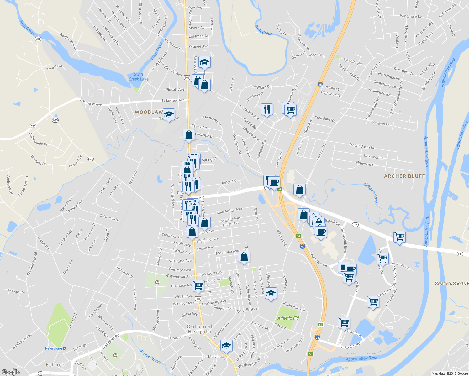 map of restaurants, bars, coffee shops, grocery stores, and more near 327 Ridge Road in Colonial Heights