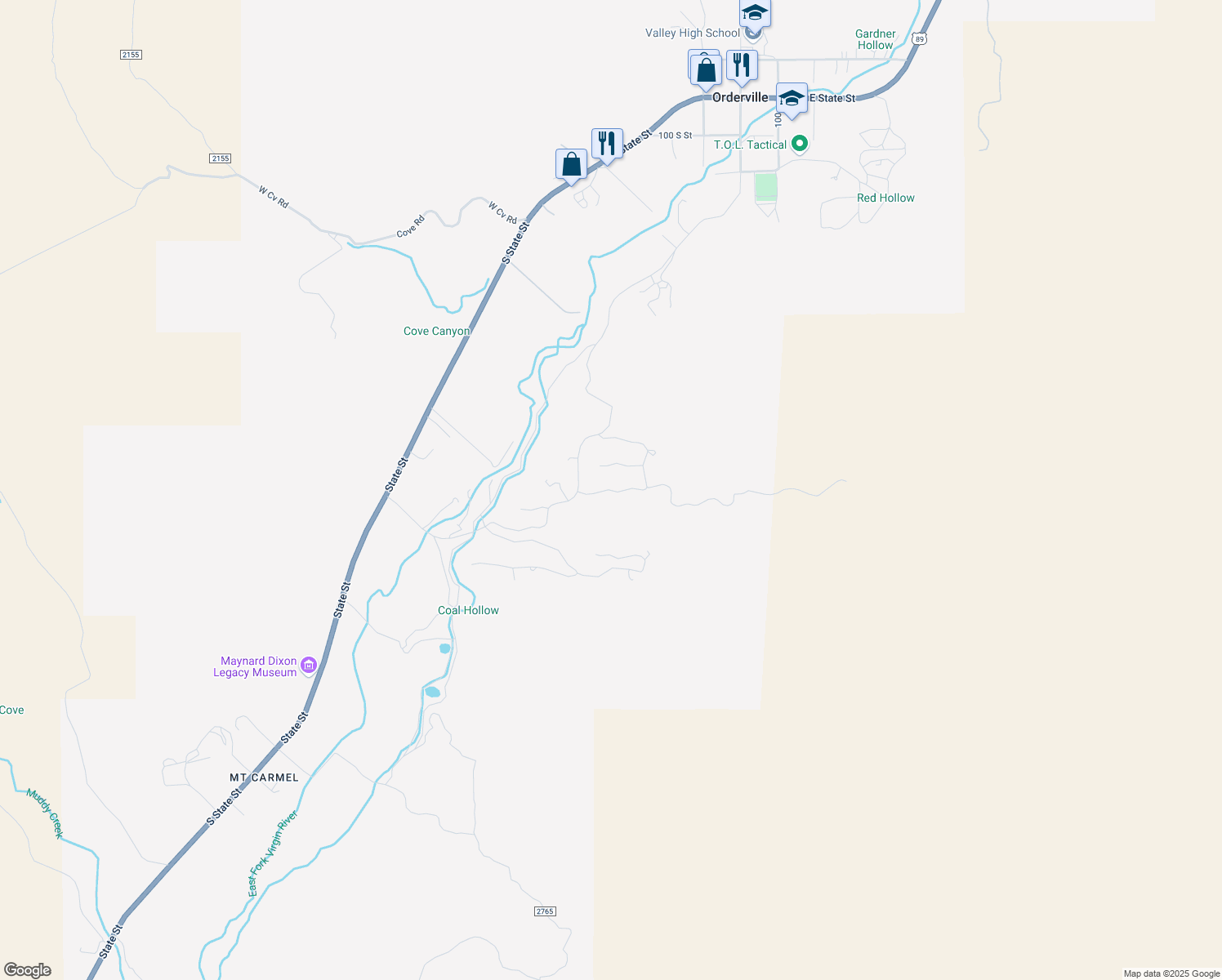 map of restaurants, bars, coffee shops, grocery stores, and more near West White Cliffs Drive in Orderville