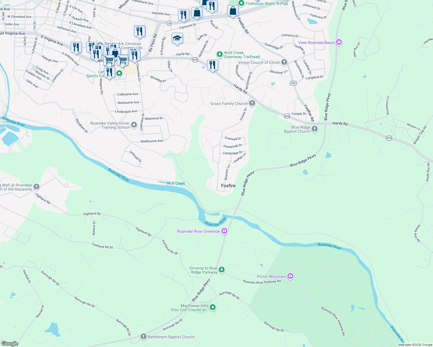 map of restaurants, bars, coffee shops, grocery stores, and more near 1112 Finney Drive in Vinton
