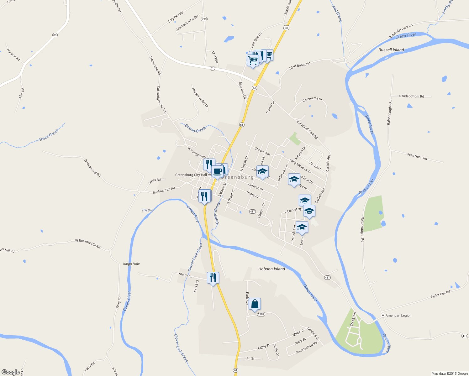 map of restaurants, bars, coffee shops, grocery stores, and more near 106 S Depot St in Greensburg
