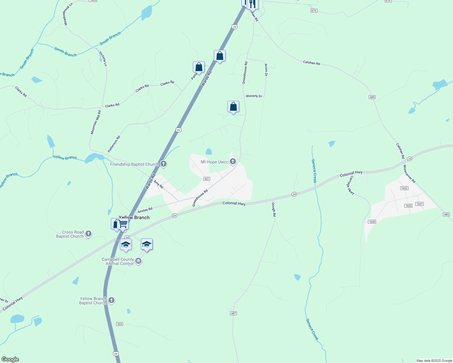 map of restaurants, bars, coffee shops, grocery stores, and more near 1314 Greenhouse Road in Rustburg