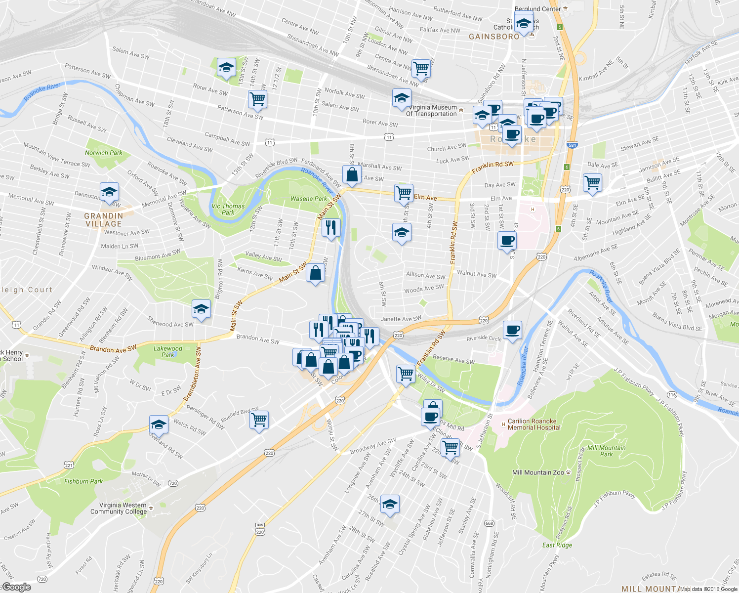 map of restaurants, bars, coffee shops, grocery stores, and more near 626 Woods Avenue Southwest in Roanoke