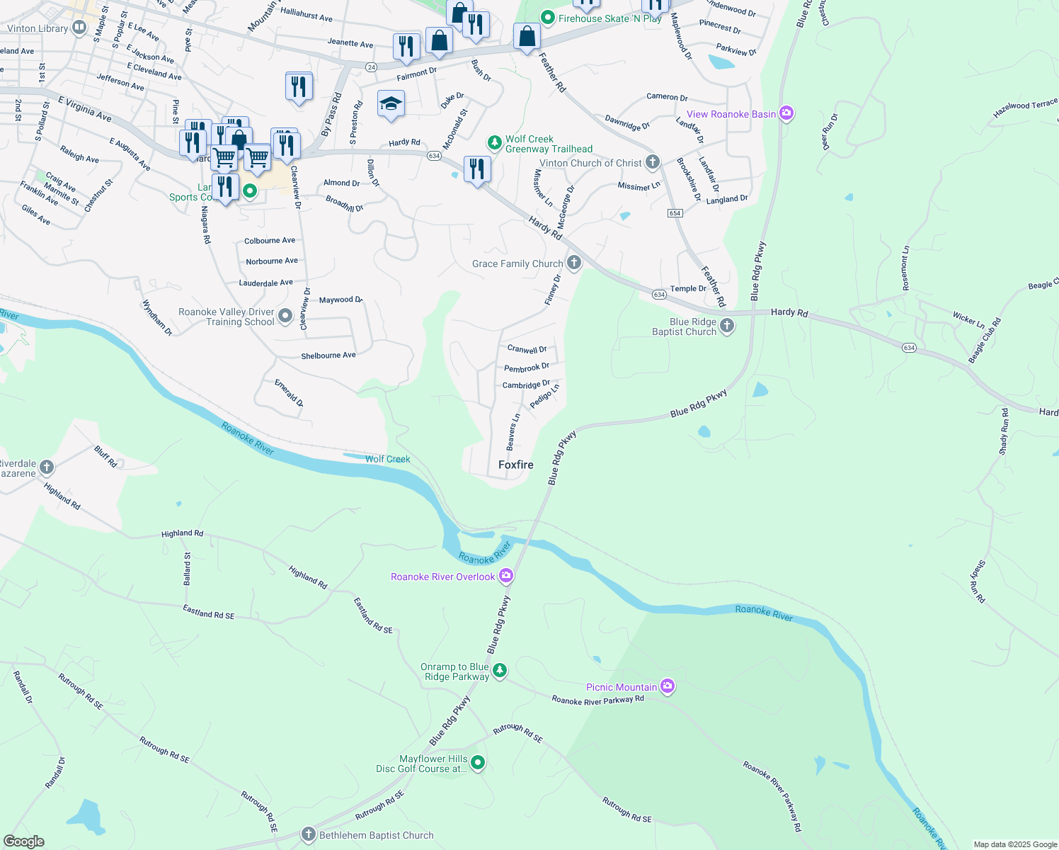 map of restaurants, bars, coffee shops, grocery stores, and more near 2127 Montgomery Cir in Vinton