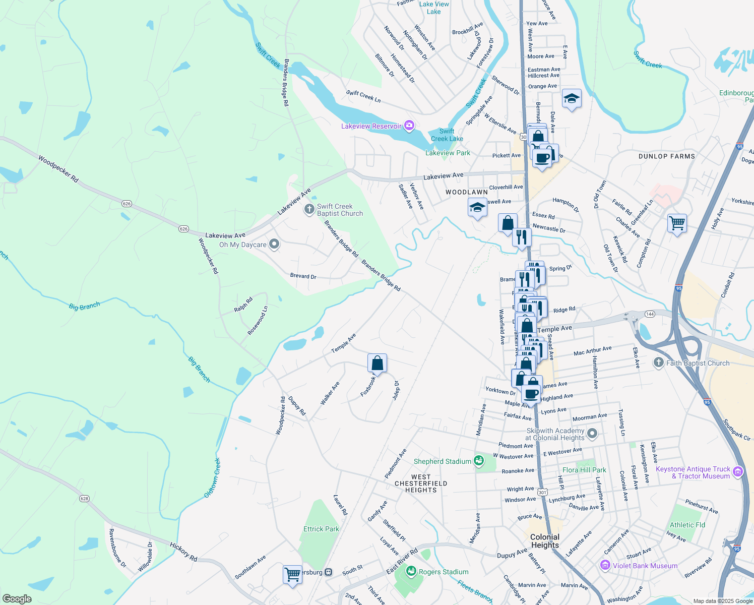 map of restaurants, bars, coffee shops, grocery stores, and more near 19200 Temple Avenue in Colonial Heights
