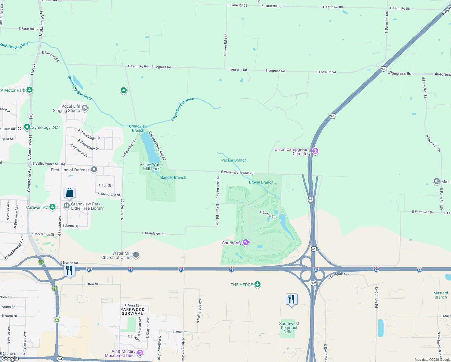 map of restaurants, bars, coffee shops, grocery stores, and more near 3540 North Farm Road 175 in Springfield