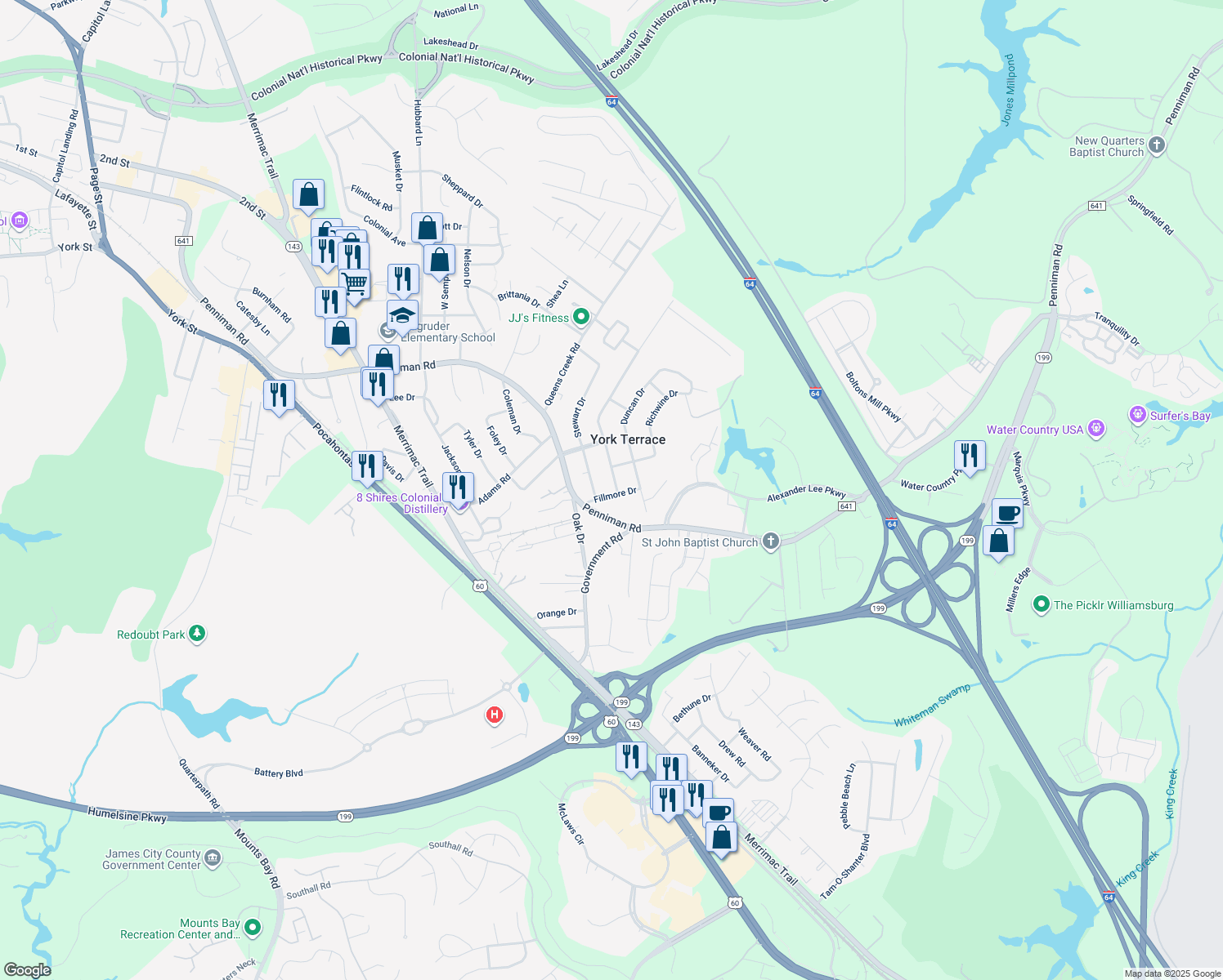 map of restaurants, bars, coffee shops, grocery stores, and more near 500 Fillmore Drive in Williamsburg