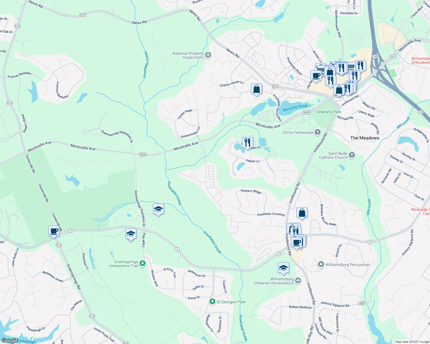 map of restaurants, bars, coffee shops, grocery stores, and more near 4025 Coronation in Williamsburg