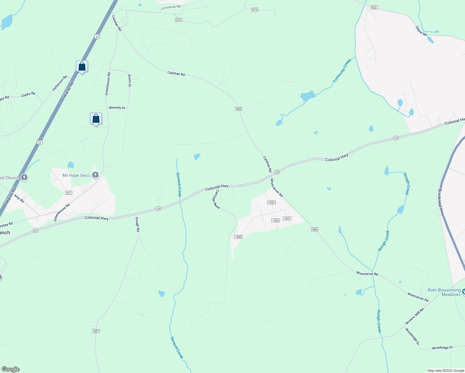 map of restaurants, bars, coffee shops, grocery stores, and more near 2294 Colonial Highway in Rustburg