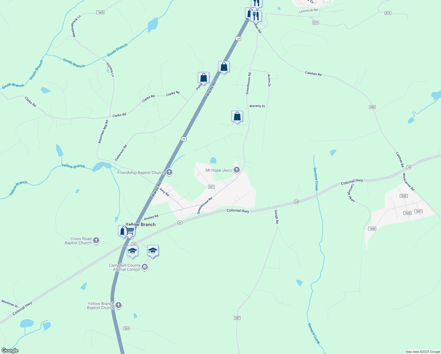 map of restaurants, bars, coffee shops, grocery stores, and more near Iron Rd in Rustburg