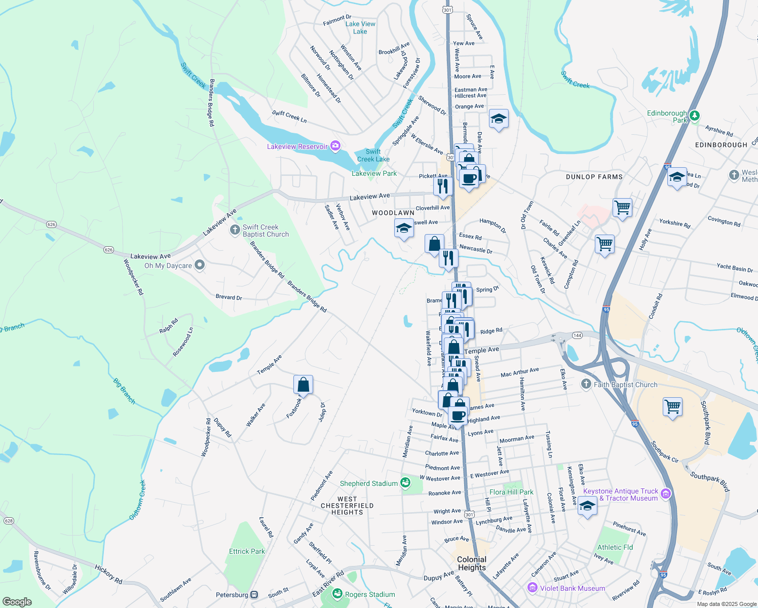 map of restaurants, bars, coffee shops, grocery stores, and more near 18907 Weldon Street in Colonial Heights