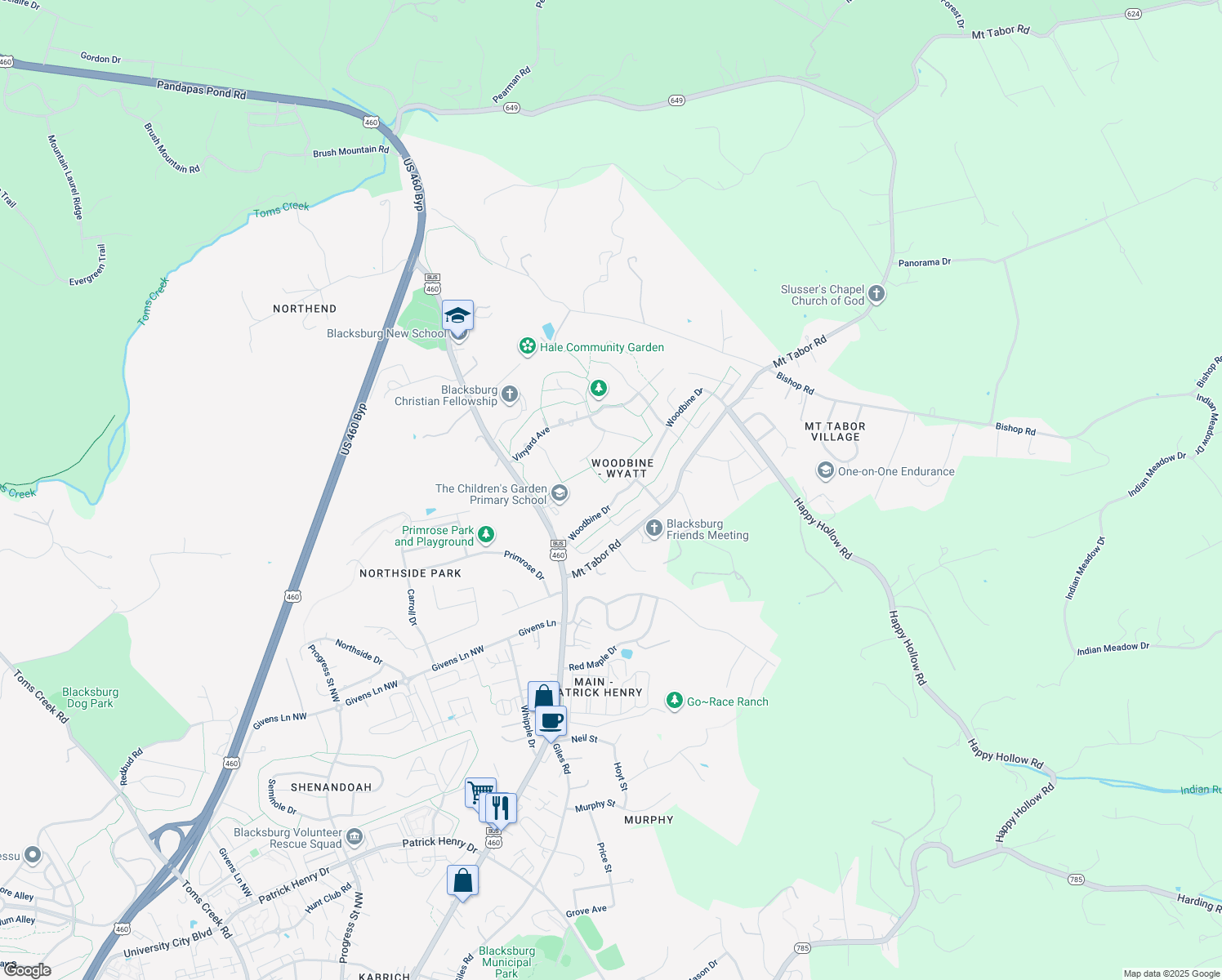 map of restaurants, bars, coffee shops, grocery stores, and more near 207 Woodbine Drive in Blacksburg