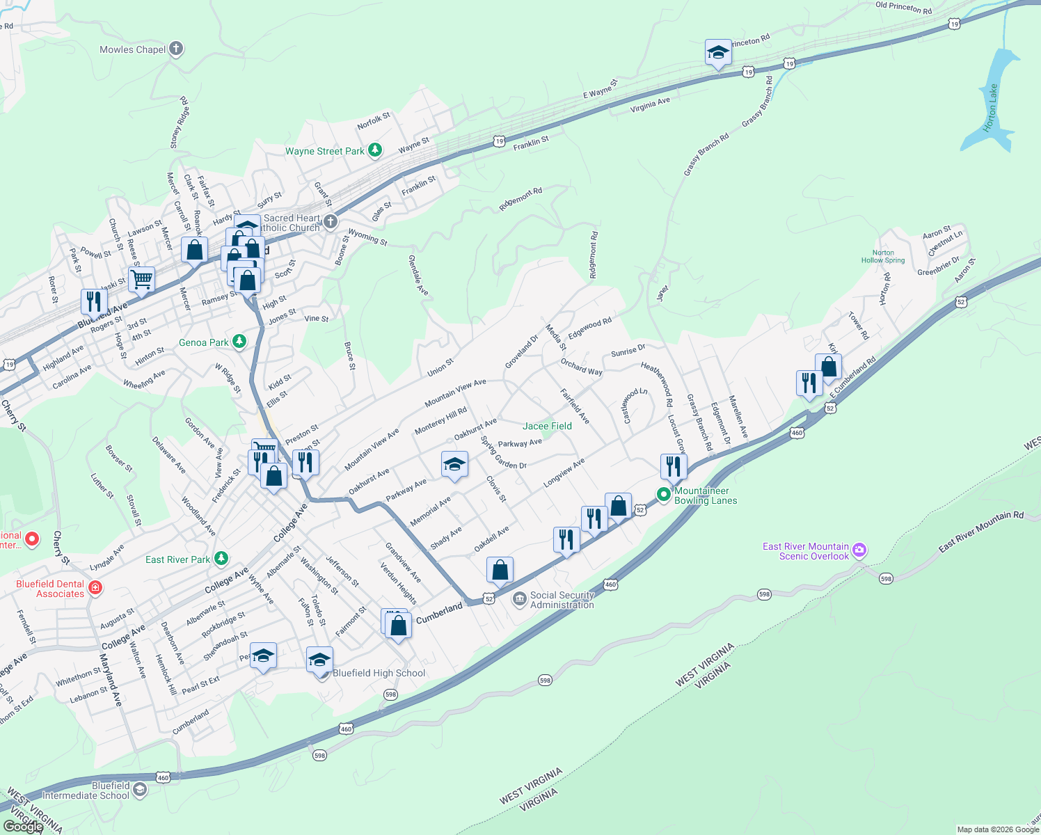 map of restaurants, bars, coffee shops, grocery stores, and more near 725 Heatherwood Rd in Bluefield