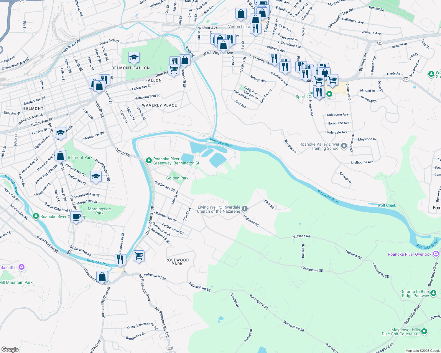 map of restaurants, bars, coffee shops, grocery stores, and more near 1700 Underhill Avenue in Roanoke