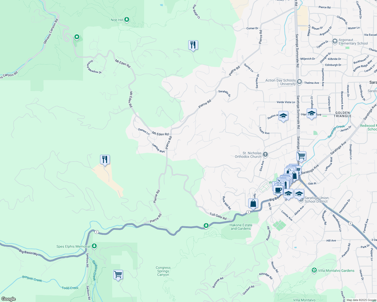 map of restaurants, bars, coffee shops, grocery stores, and more near 14113 Pike Road in Saratoga