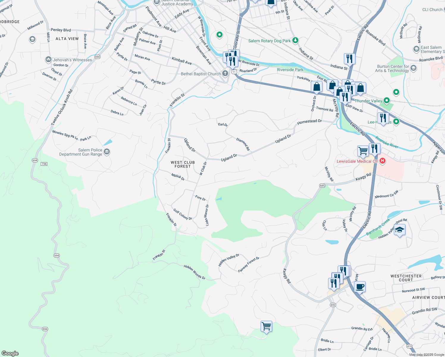 map of restaurants, bars, coffee shops, grocery stores, and more near 165 Bogey Lane in Salem