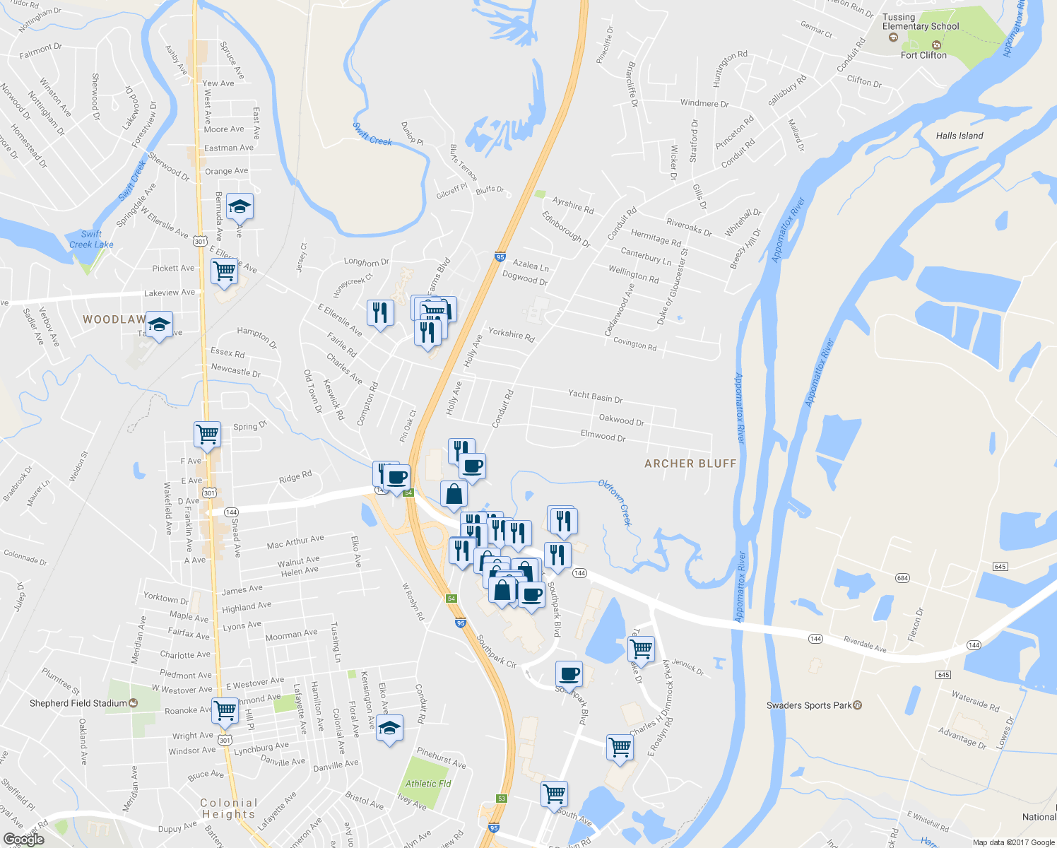 map of restaurants, bars, coffee shops, grocery stores, and more near 3101 Greenwood Avenue in Colonial Heights