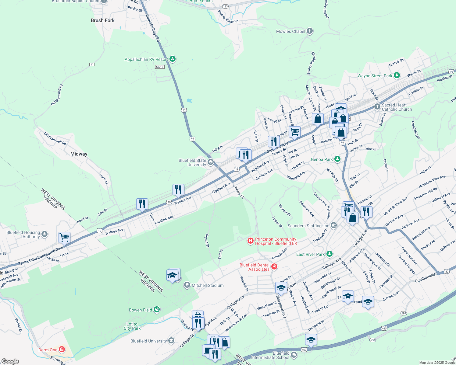 map of restaurants, bars, coffee shops, grocery stores, and more near 1210 Highland Ave in Bluefield