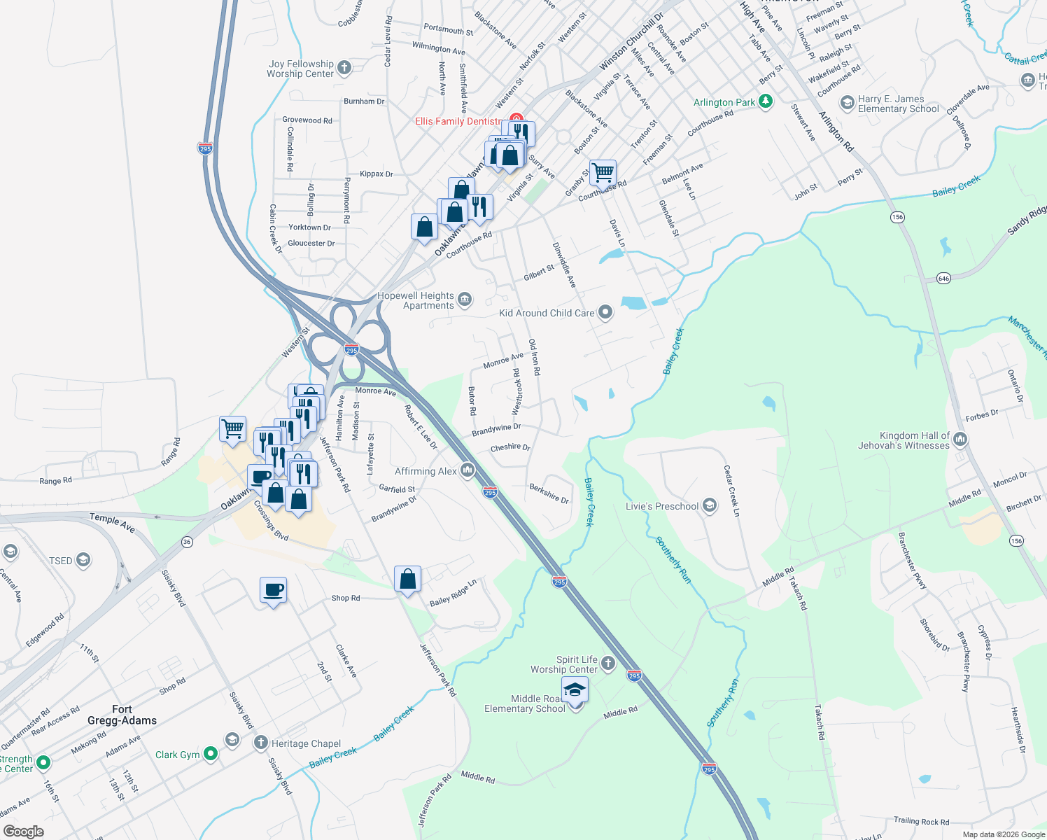 map of restaurants, bars, coffee shops, grocery stores, and more near 3807 Brandywine Drive in Hopewell