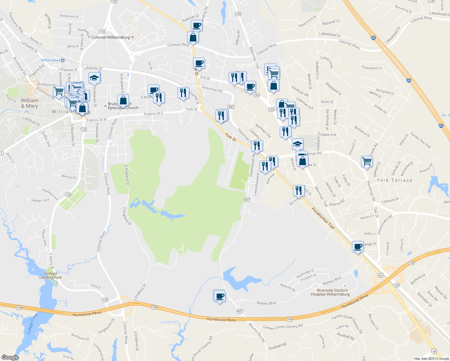 map of restaurants, bars, coffee shops, grocery stores, and more near 610 Pocahontas Street in Williamsburg