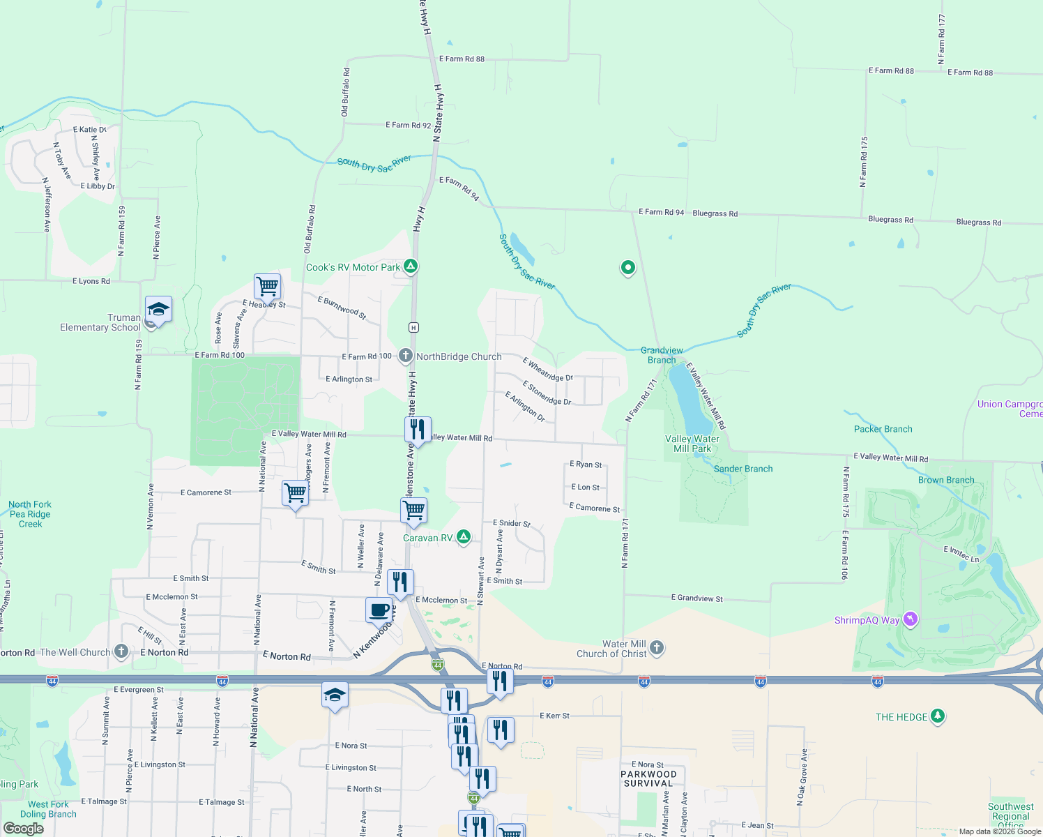 map of restaurants, bars, coffee shops, grocery stores, and more near 3642 N Aspen Cir in Springfield