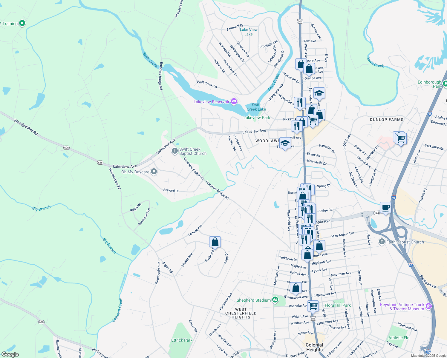 map of restaurants, bars, coffee shops, grocery stores, and more near 18811 Branders Bridge Rd in Colonial Heights