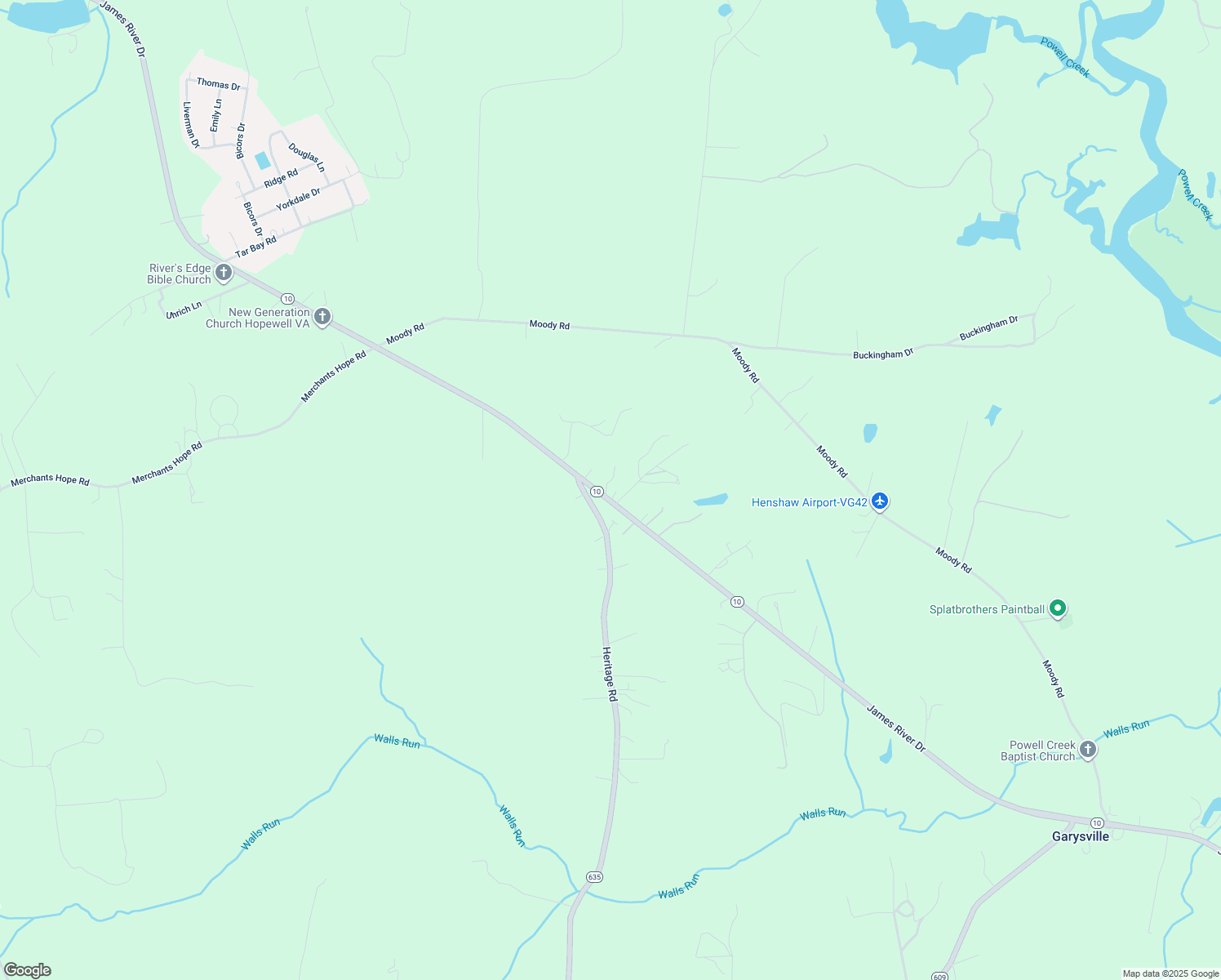 map of restaurants, bars, coffee shops, grocery stores, and more near 12500 James River Drive in Hopewell