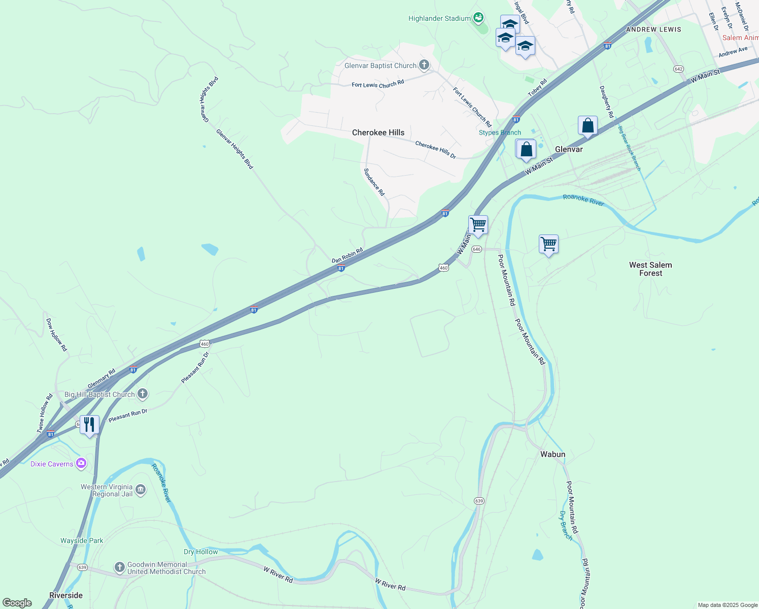 map of restaurants, bars, coffee shops, grocery stores, and more near 4800 West Main Street in Salem