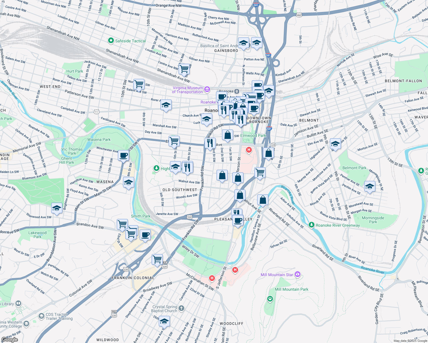 map of restaurants, bars, coffee shops, grocery stores, and more near 227 Albemarle Avenue Southwest in Roanoke