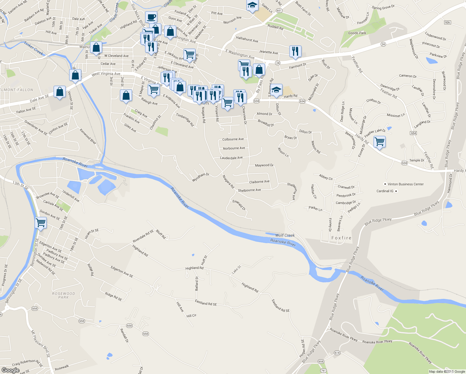 map of restaurants, bars, coffee shops, grocery stores, and more near 1402 Niagara Road in Vinton
