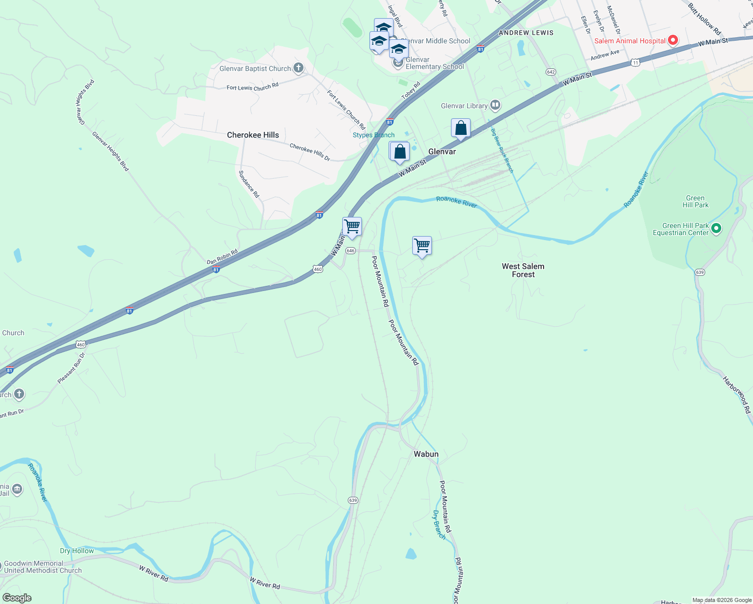 map of restaurants, bars, coffee shops, grocery stores, and more near 4805 Poor Mountain Rd in Salem