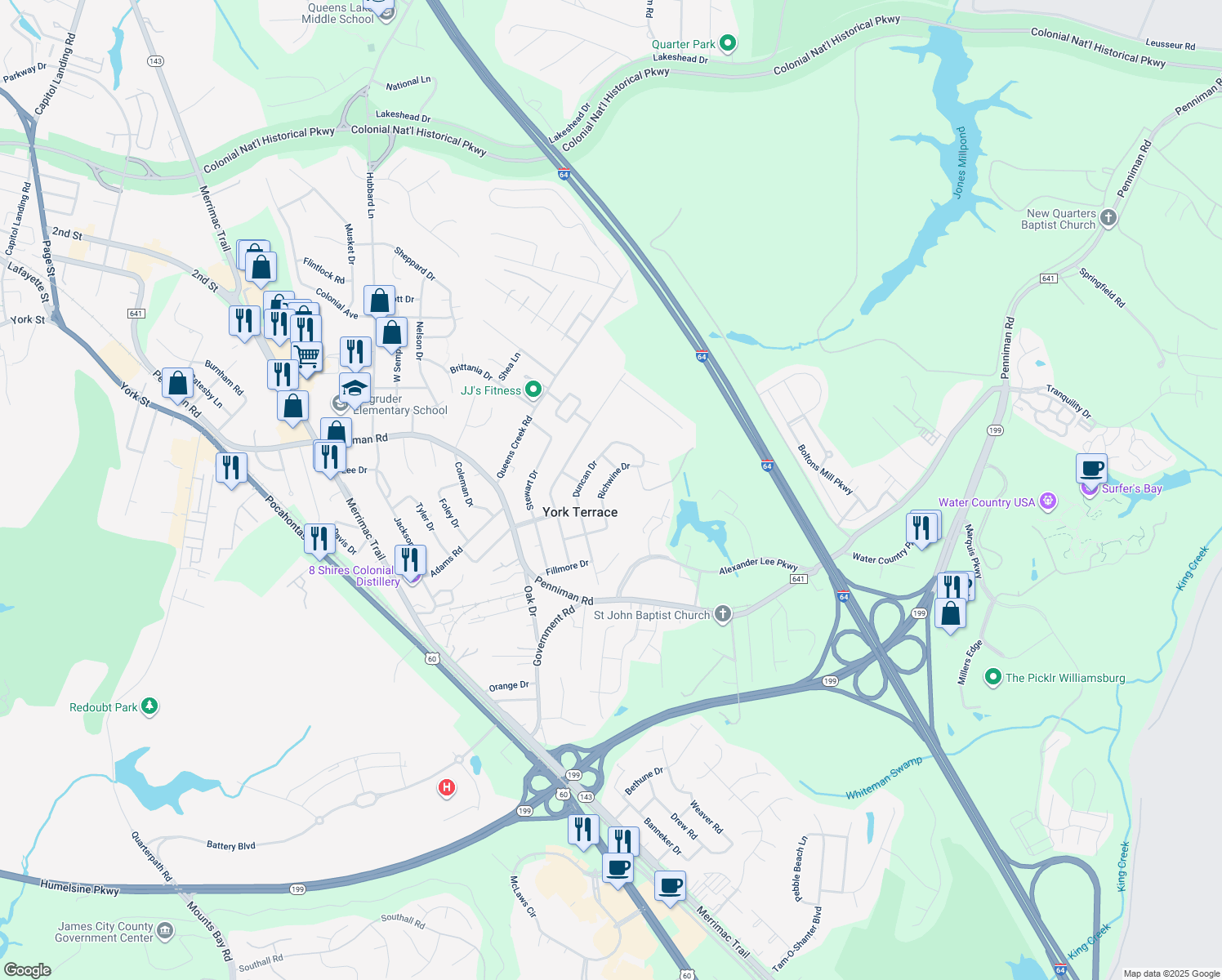 map of restaurants, bars, coffee shops, grocery stores, and more near 1184 Richwine Drive in Williamsburg
