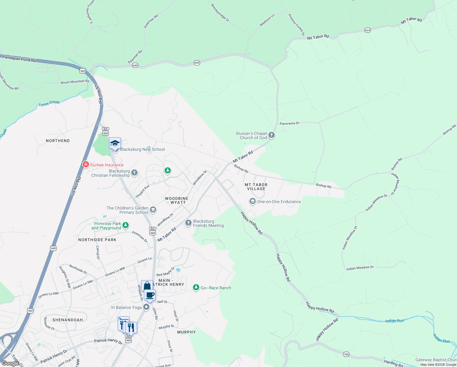 map of restaurants, bars, coffee shops, grocery stores, and more near 1006 Mourning Dove Drive in Blacksburg