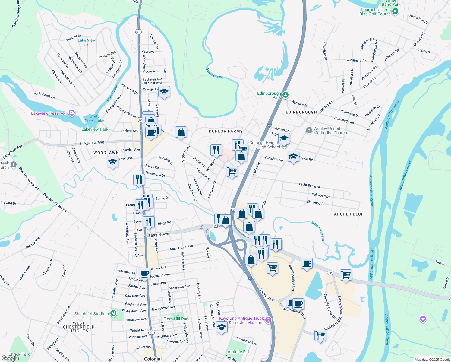 map of restaurants, bars, coffee shops, grocery stores, and more near 2613 Bent Oaks Drive in Colonial Heights