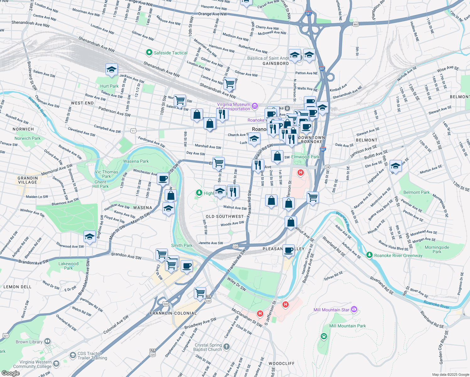 map of restaurants, bars, coffee shops, grocery stores, and more near 381 Washington Avenue Southwest in Roanoke