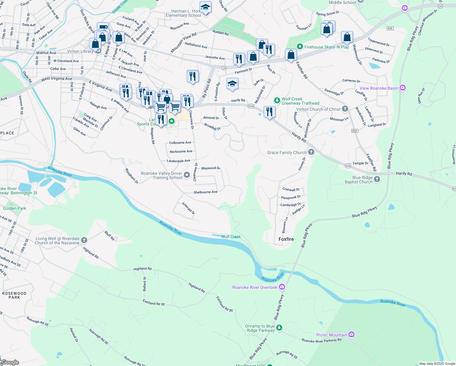 map of restaurants, bars, coffee shops, grocery stores, and more near 673 Shelbourne Avenue in Vinton