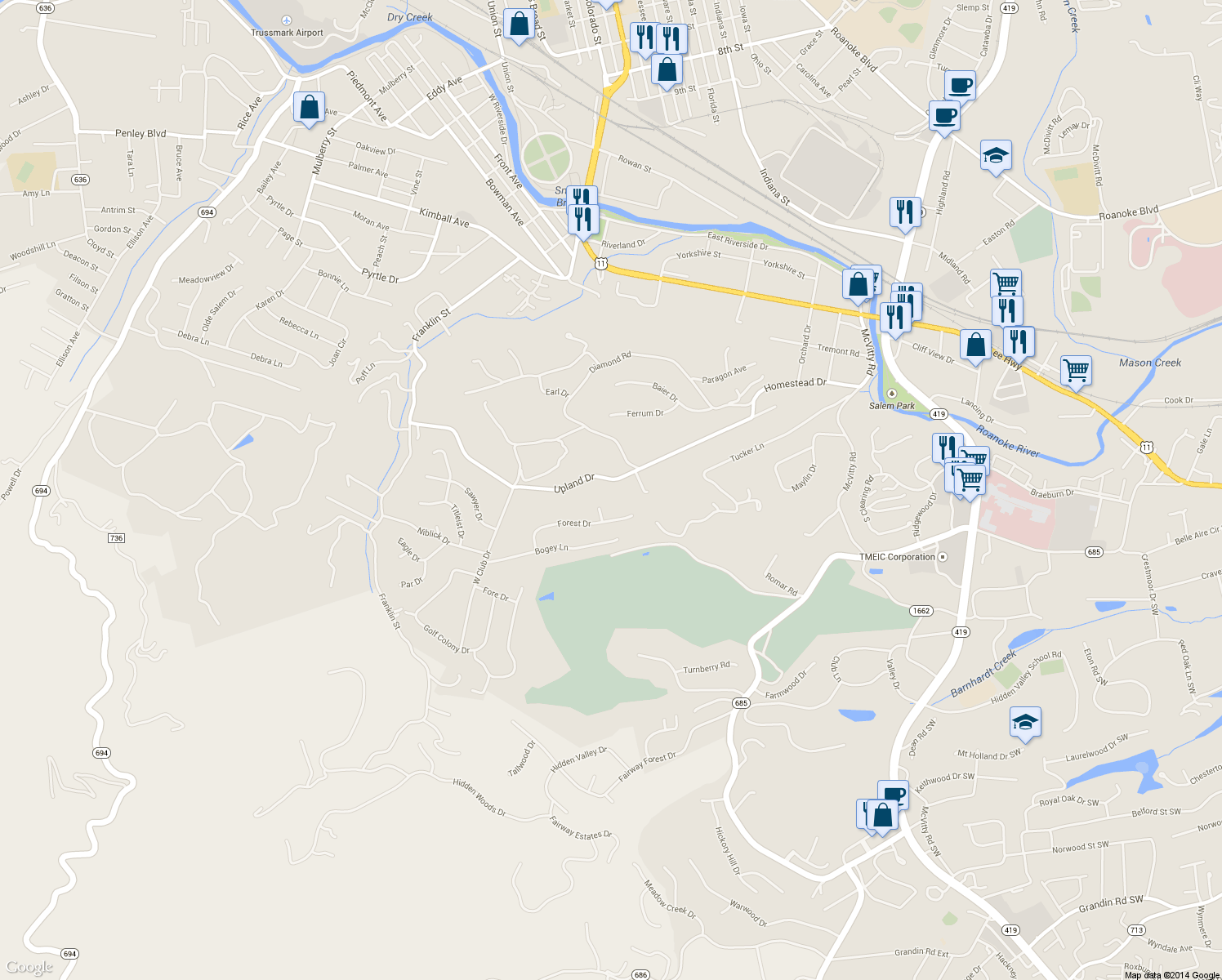 map of restaurants, bars, coffee shops, grocery stores, and more near 60 Upland Drive in Salem