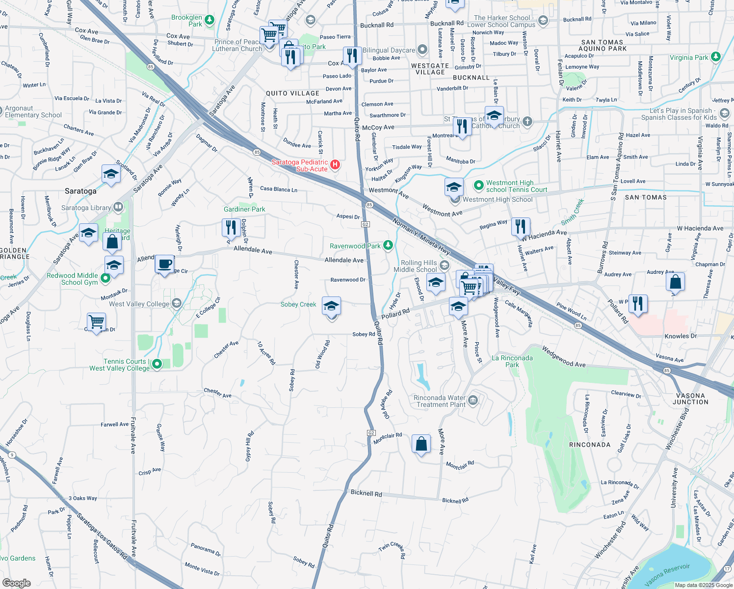 map of restaurants, bars, coffee shops, grocery stores, and more near 14045 Quito Road in Saratoga
