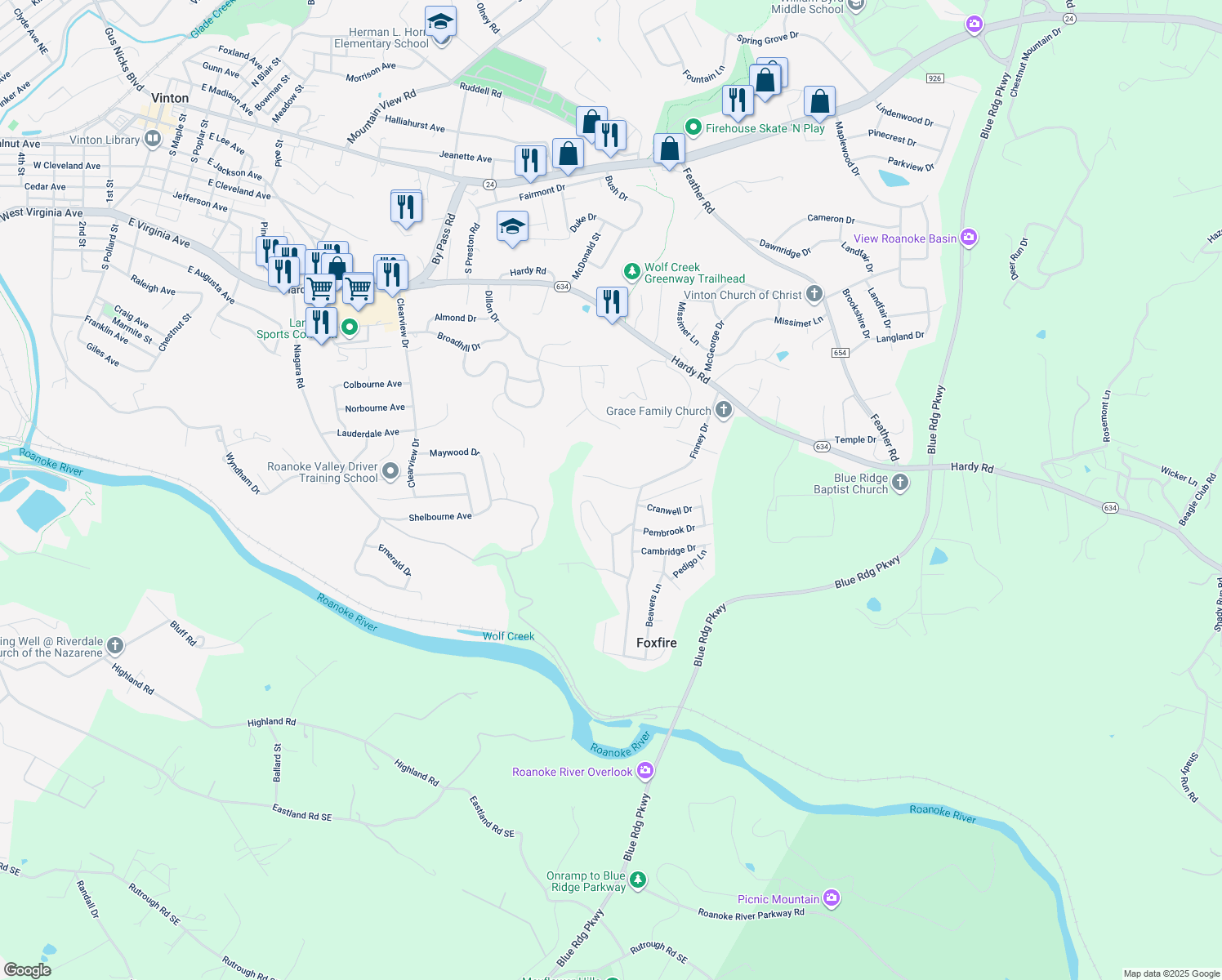 map of restaurants, bars, coffee shops, grocery stores, and more near 1446 Abbey Circle in Vinton