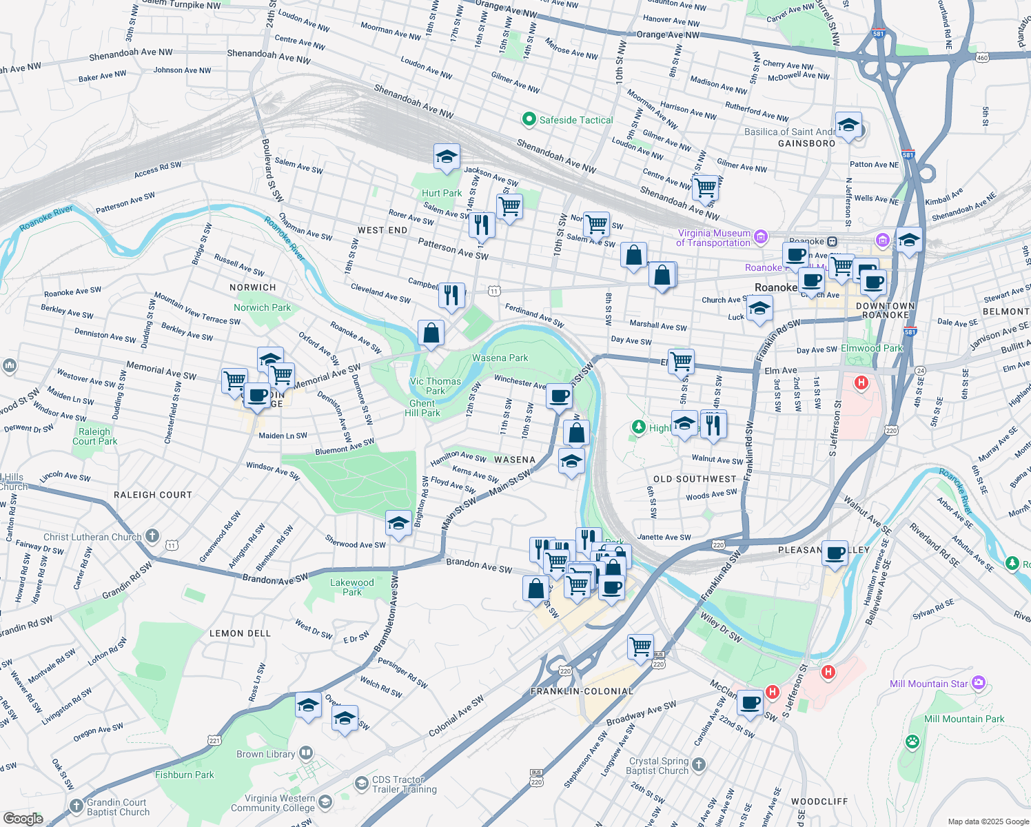 map of restaurants, bars, coffee shops, grocery stores, and more near 1019 Wasena Avenue Southwest in Roanoke