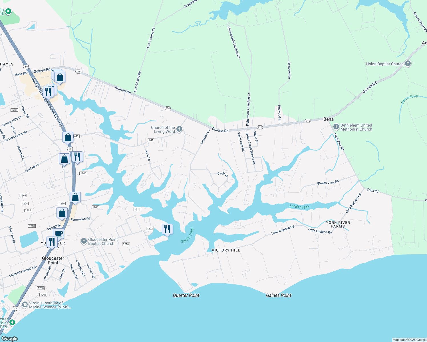 map of restaurants, bars, coffee shops, grocery stores, and more near 8482 Circle Drive in Gloucester Point